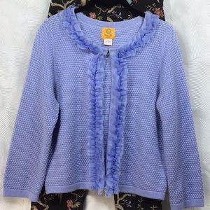 🪭 RUBY RD Periwinkle Waffle Weave Chiffon Ruffle Round Neckline Open Front